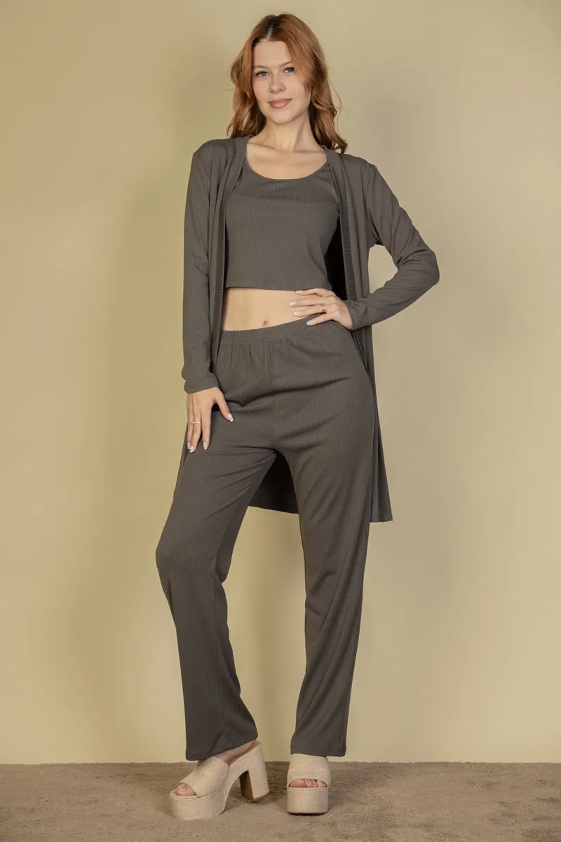 Flat Back Rib 3 Pieces Cami Top with Pants and Long Cardigan Set (CAPELLA)