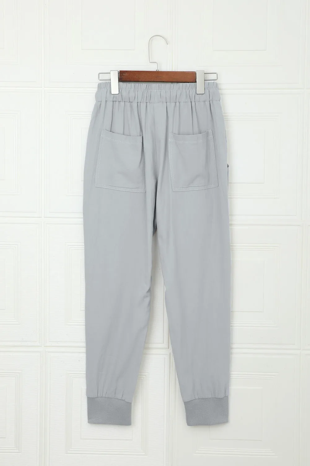 Gray Causal Pockets Elastic Waist Drawstring Pants