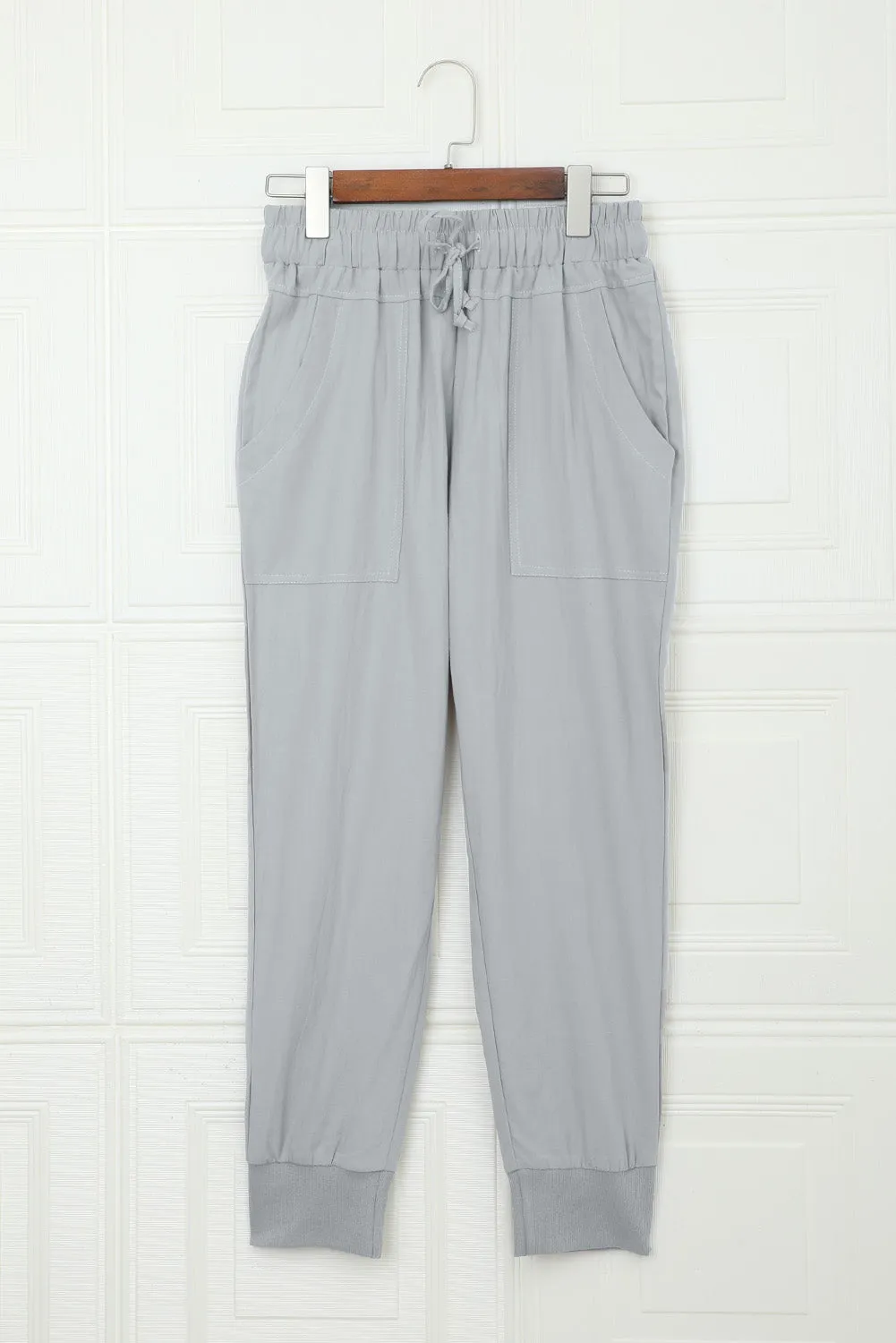 Gray Causal Pockets Elastic Waist Drawstring Pants