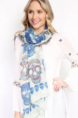 (HALLOWEEN) BLUE OBLONG SUGAR SKULL SCARF