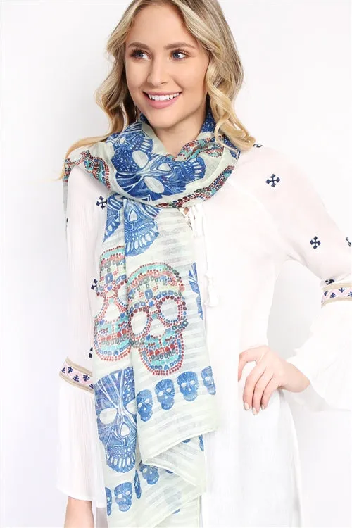 (HALLOWEEN) BLUE OBLONG SUGAR SKULL SCARF