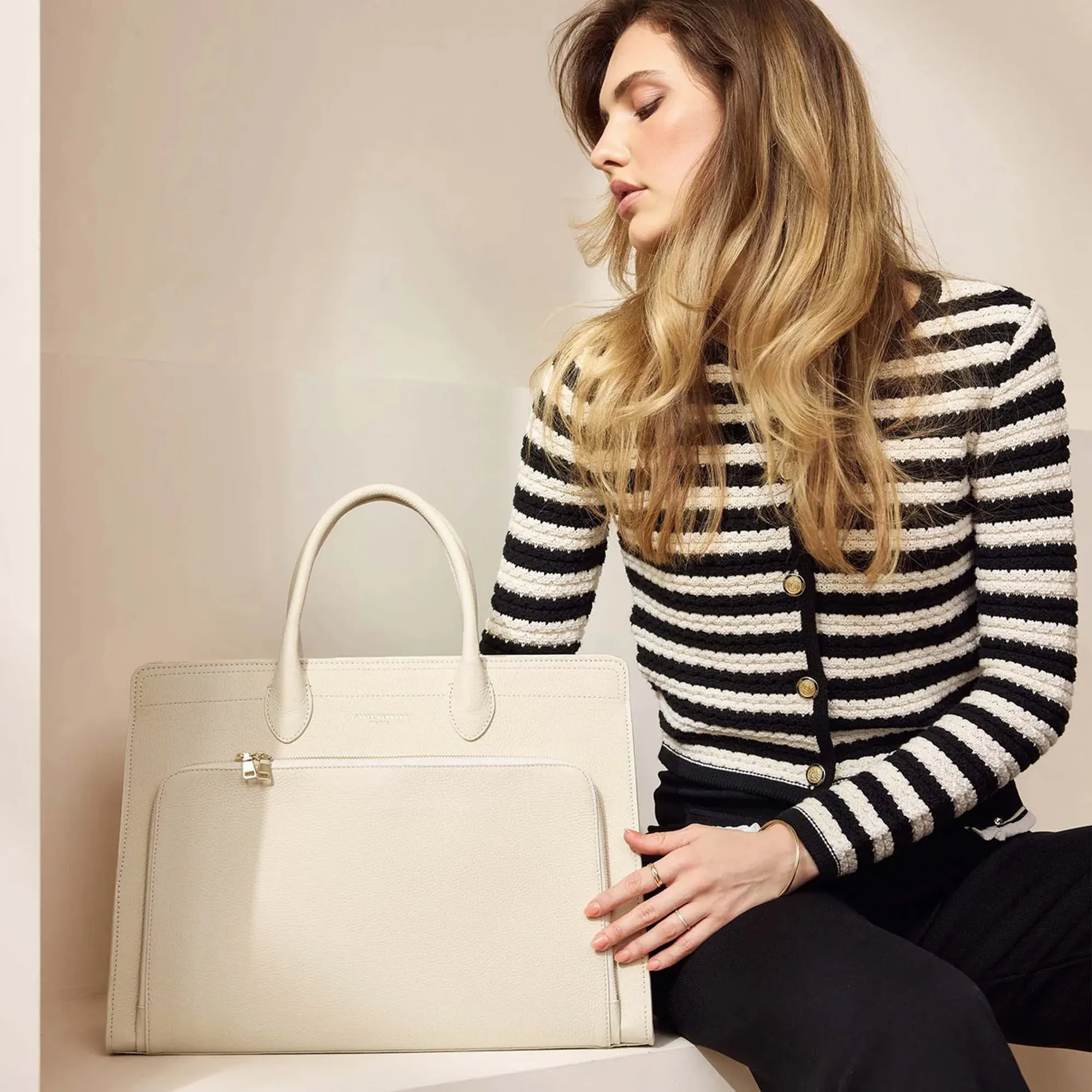Honoré Nadine cream calfskin leather handbag with laptop compartment