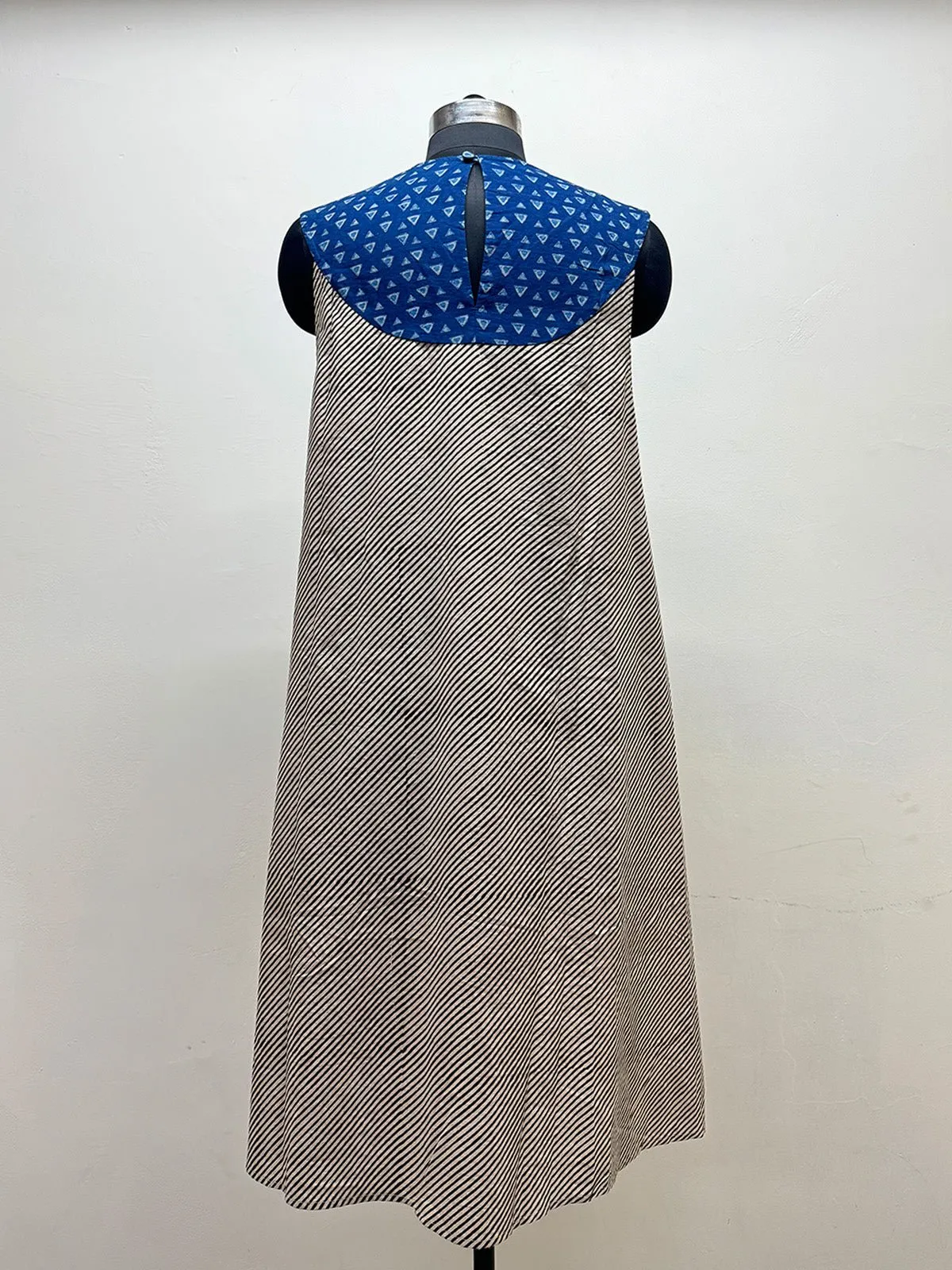 Indigo/Black and white striped A Line dress