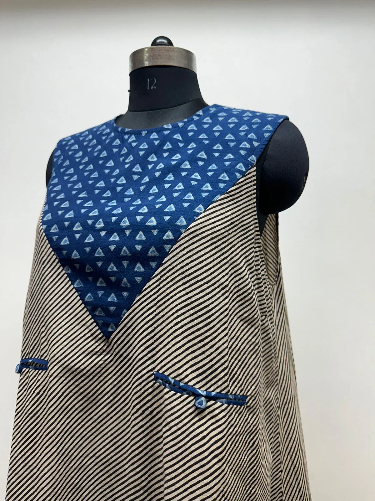 Indigo/Black and white striped A Line dress