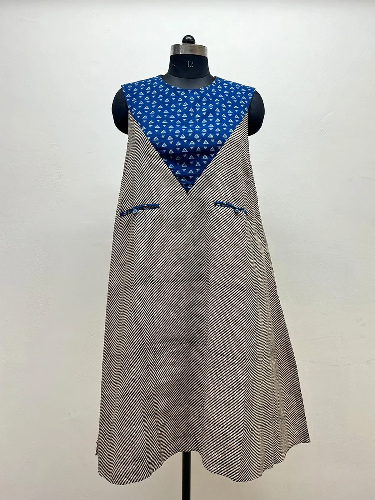 Indigo/Black and white striped A Line dress