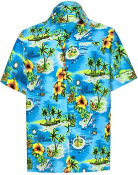 LA LEELA Shirt Casual Button Down Short Sleeve Beach Shirt Men Aloha Pocket Shirt Blue_AA113