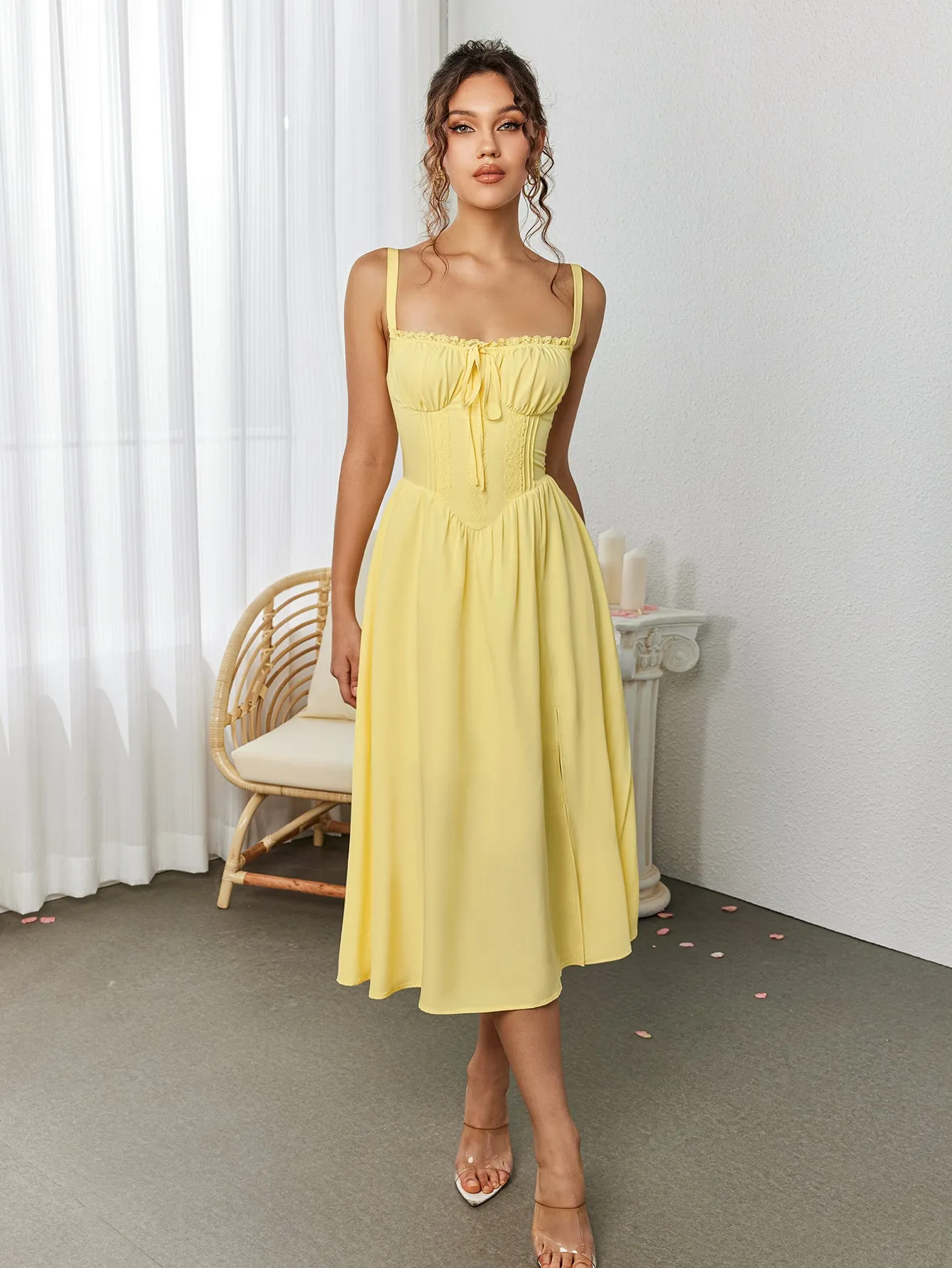 Lace Trim Tie Front Split Thigh Cami Dress