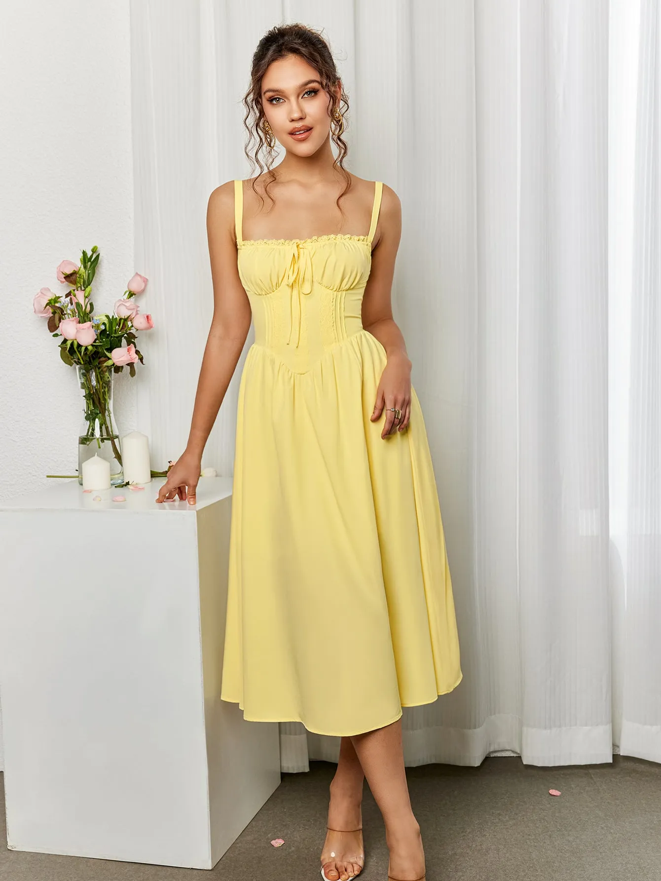 Lace Trim Tie Front Split Thigh Cami Dress