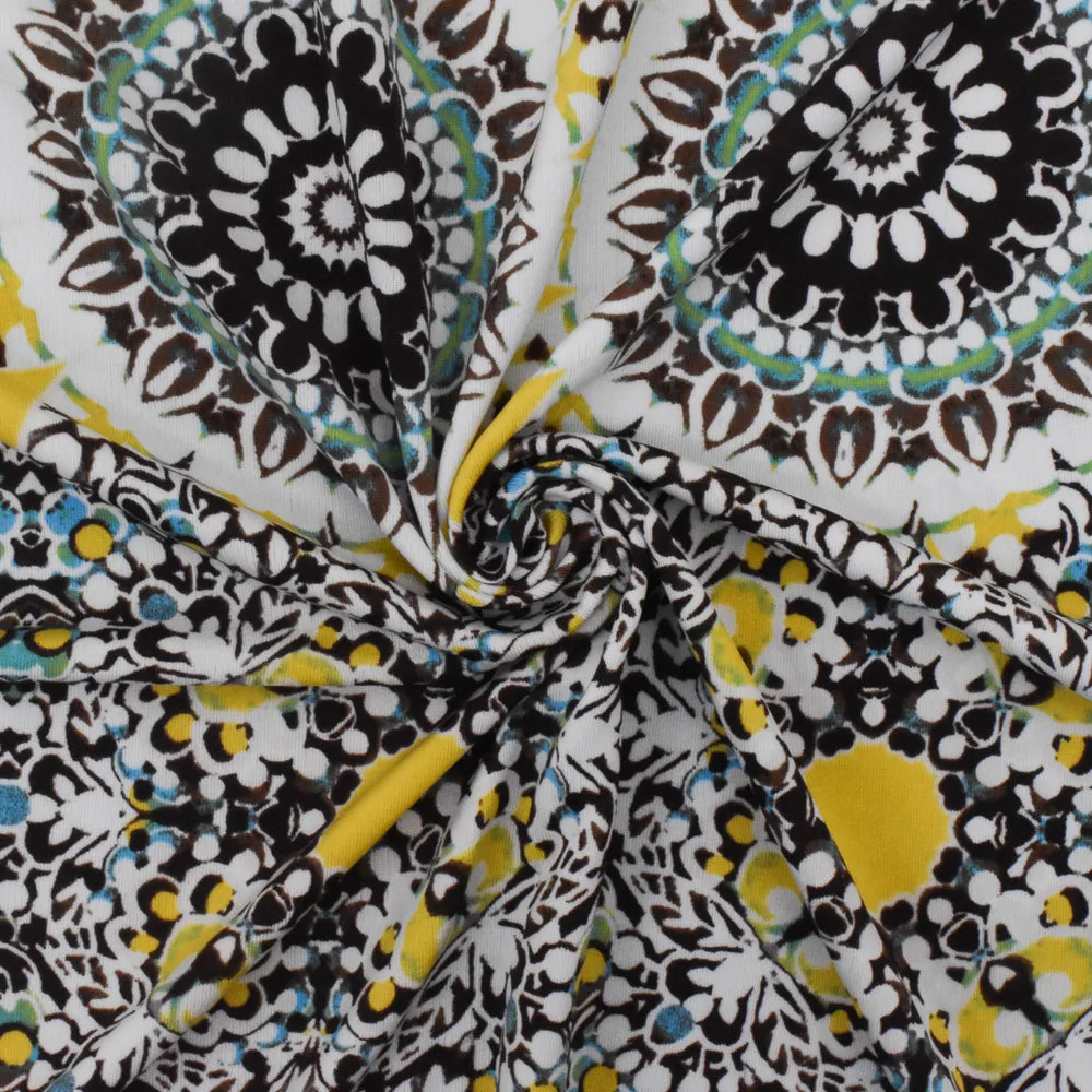 Lemon Yellow-Brown-Multi Moroccan Print Stretch Poly Swimwear Knit Fabric