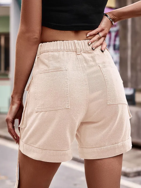 Lottie New American Denim Overalls Casual Pocket Shorts Elastic Waist