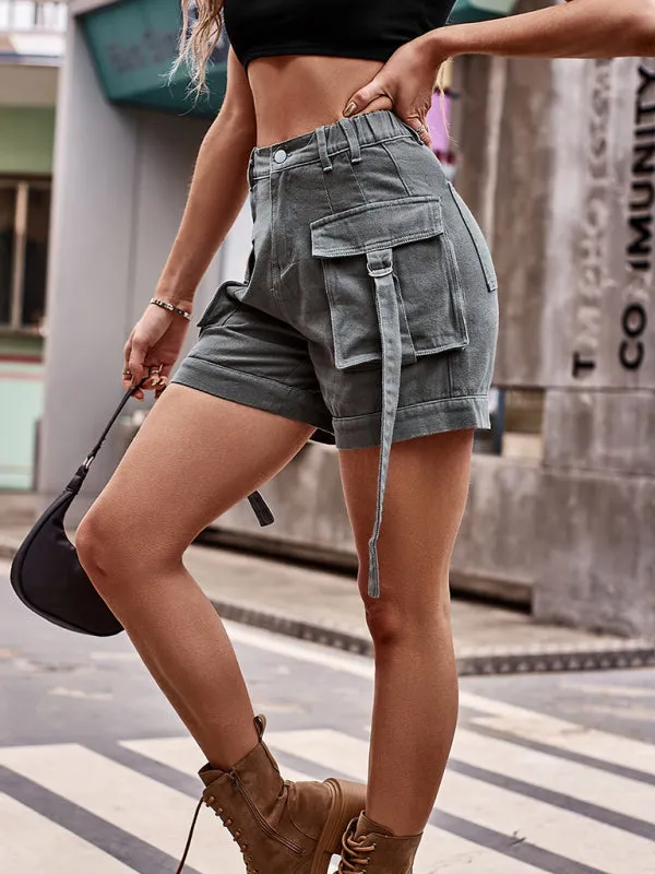 Lottie New American Denim Overalls Casual Pocket Shorts Elastic Waist