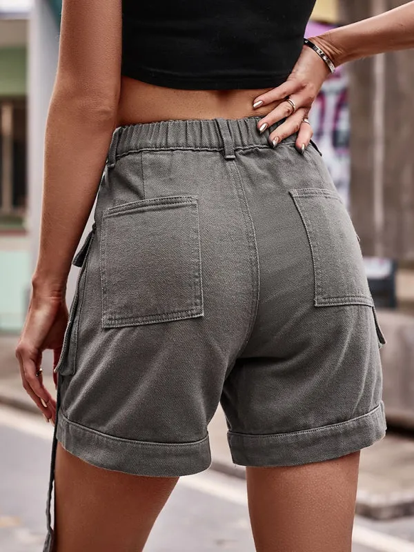 Lottie New American Denim Overalls Casual Pocket Shorts Elastic Waist