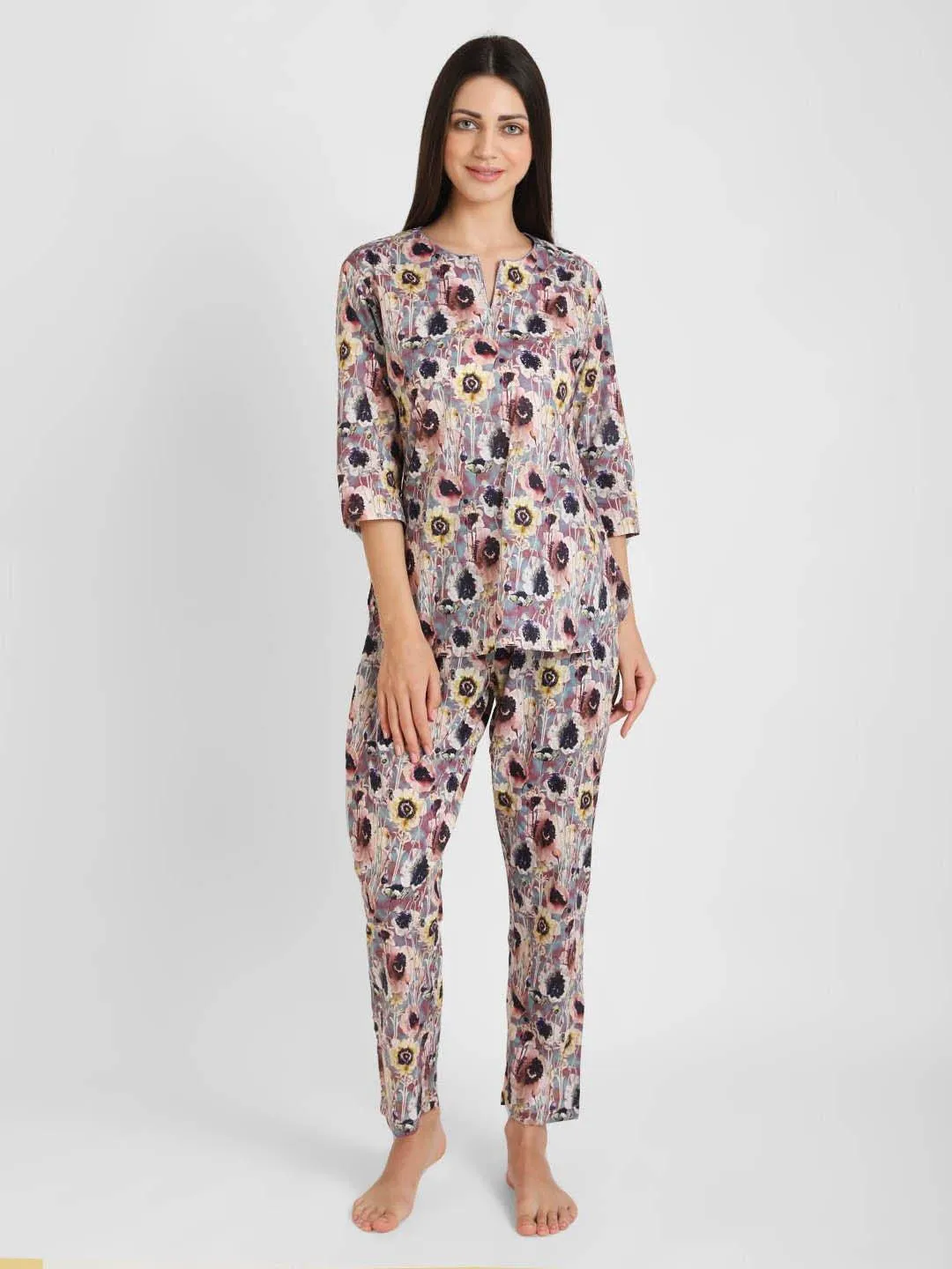Mauve Floral Printed Nightsuit Set for Women