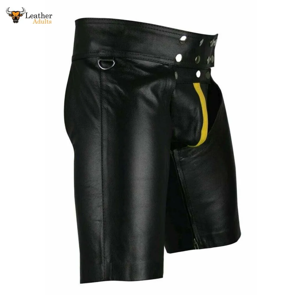 Men's Black Real Cowhide Leather Chaps Shorts Leather Chaps Shorts with Yellow Stripe