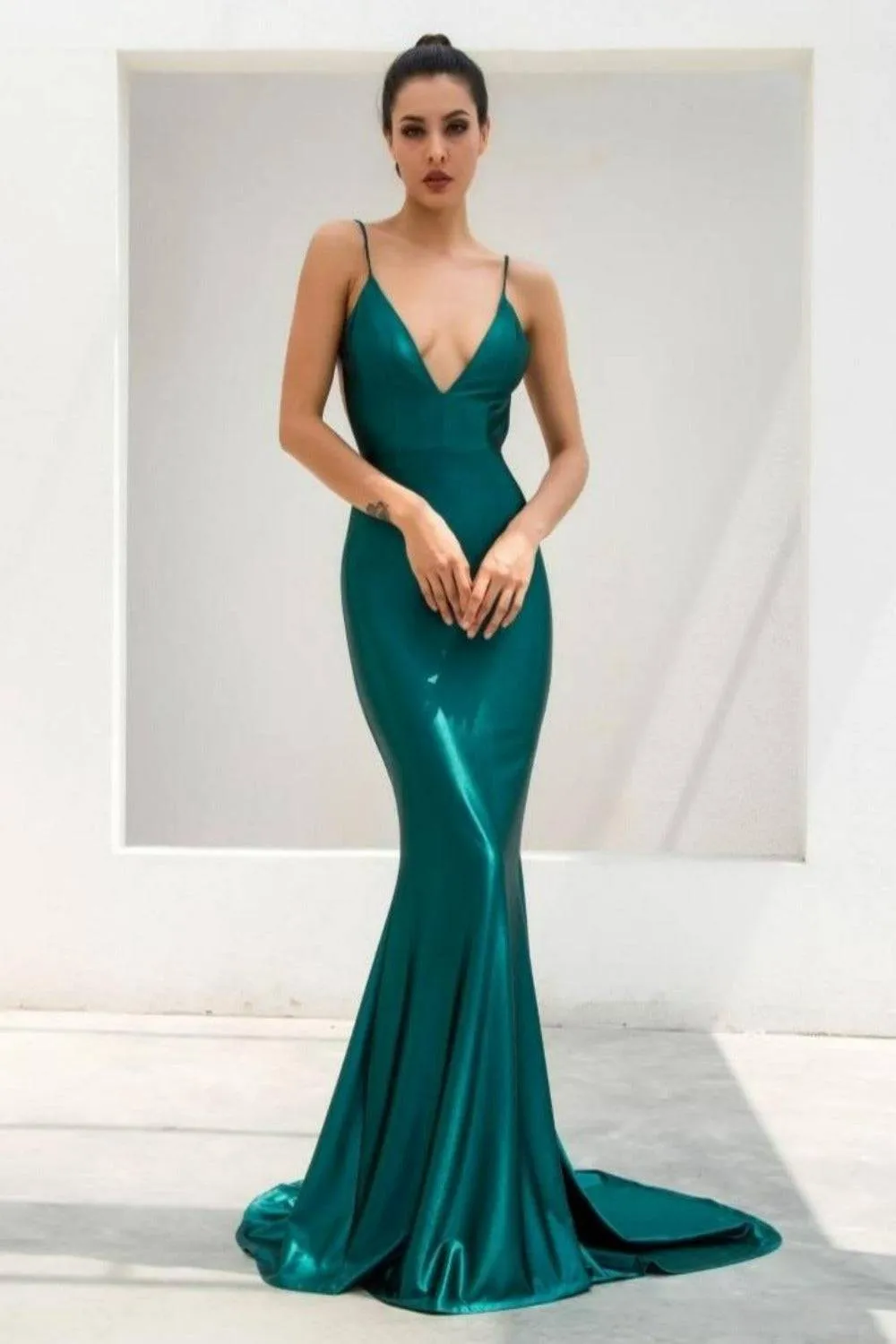 Metallic Shimmer Open Back Satin Forest Green Maxi Dress