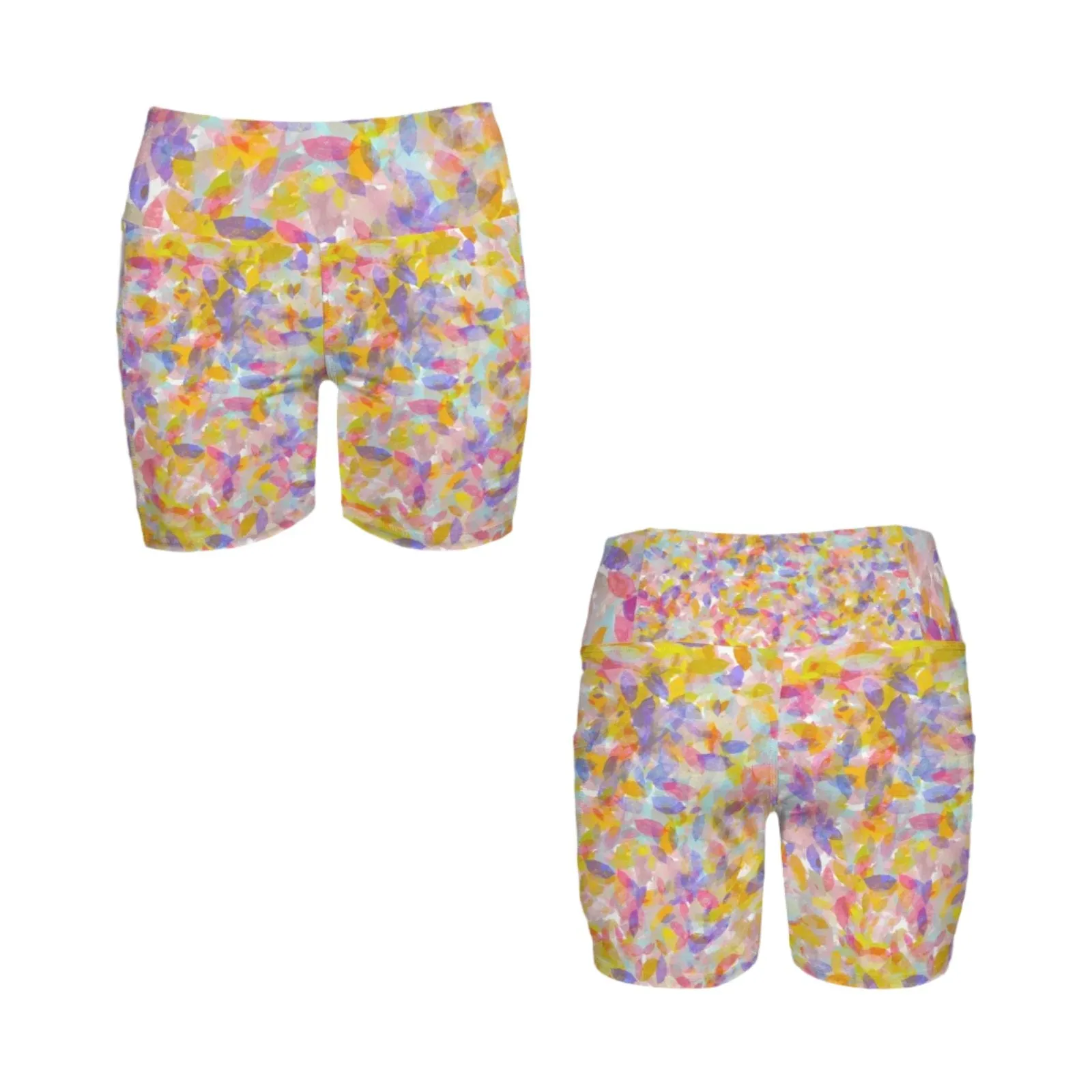 Multi Painted Leaves Yoga Shorts with Pockets up to 5 XL (FWS)
