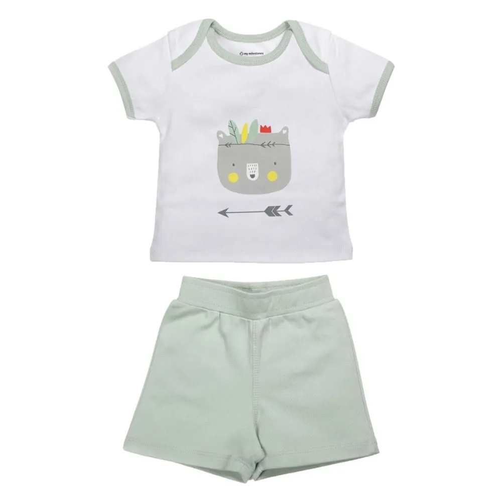 My Milestones Baby Top Bottom Set- Half Sleeves T-shirt with Shorts-White/S.Green