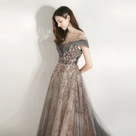 Off Shoulder Overlay Sequin Rhinestone Lace Flare Fancy Event Dress Presenter Performance Evening Dress