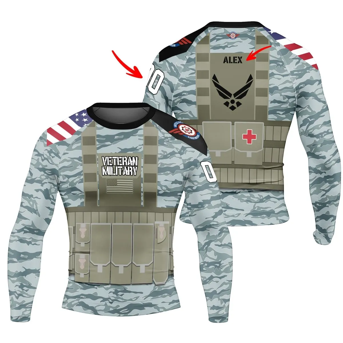 Personalized USA Air Force Veteran Military Men's Long Sleeve Rash Guard