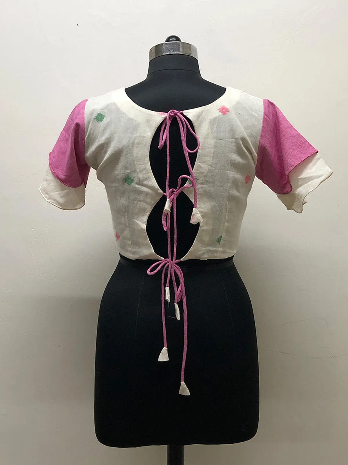 Pink and White Jamdani Blouse with Back Tieups