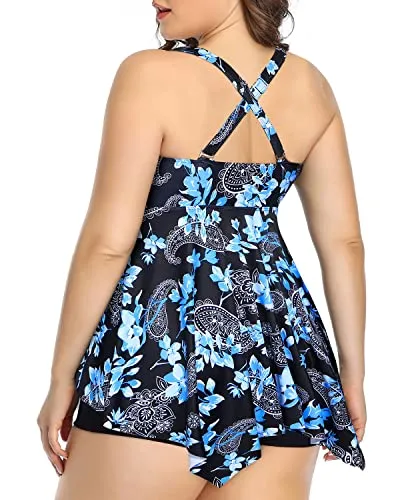 Plus Size Adjustable Shoulder Strap Tankini Swimsuits For Women-Black Floral
