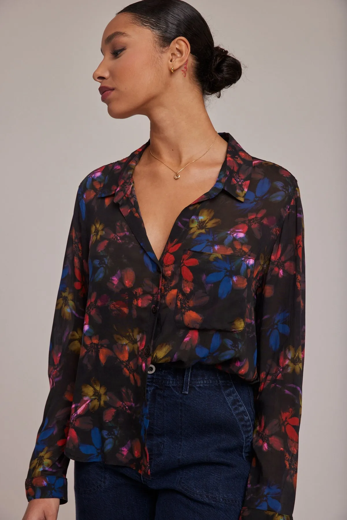 Rounded Hem Button Down Shirt - Evening Garden Print
