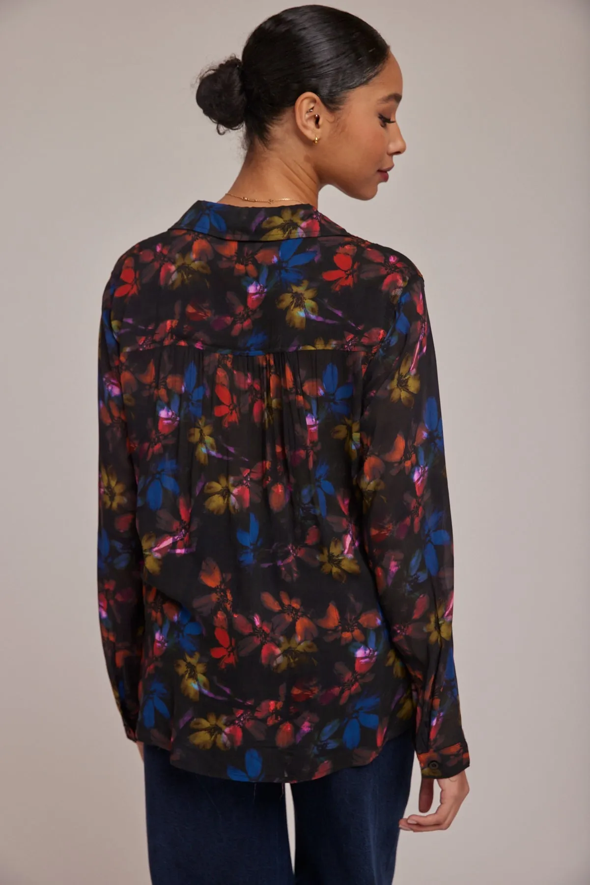 Rounded Hem Button Down Shirt - Evening Garden Print