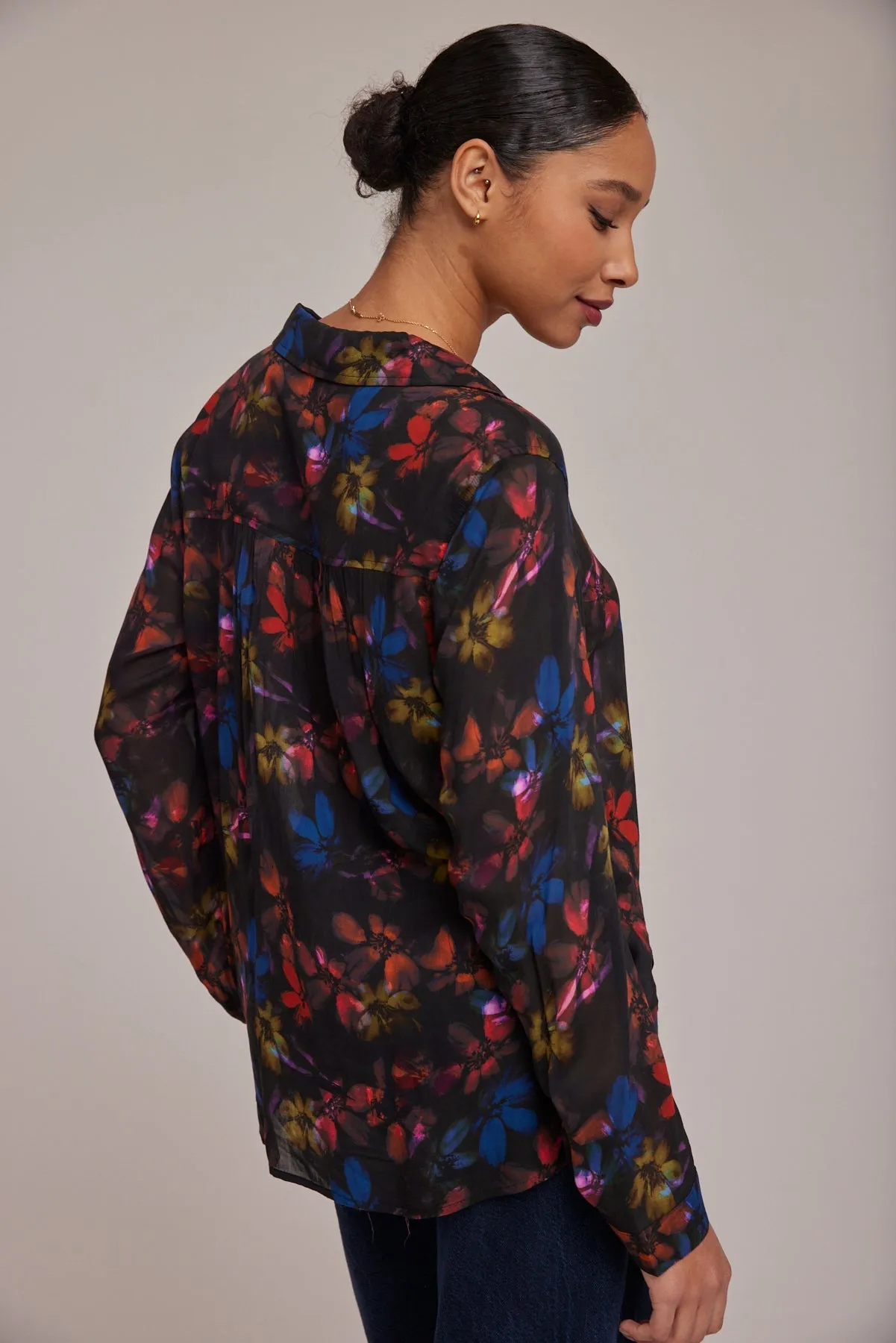 Rounded Hem Button Down Shirt - Evening Garden Print