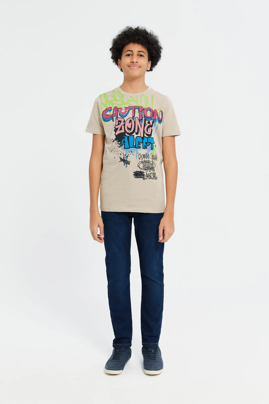 Senior Boys Beige Caution Zone Graffiti T-Shirt