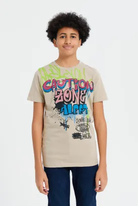 Senior Boys Beige Caution Zone Graffiti T-Shirt
