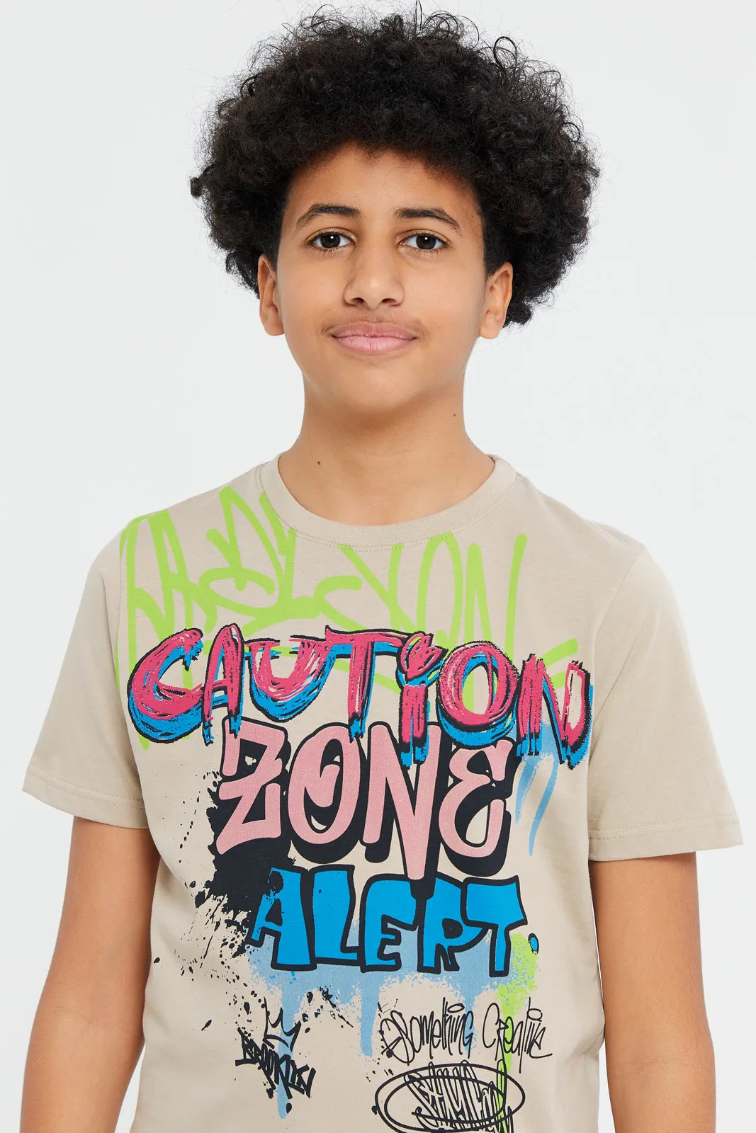 Senior Boys Beige Caution Zone Graffiti T-Shirt