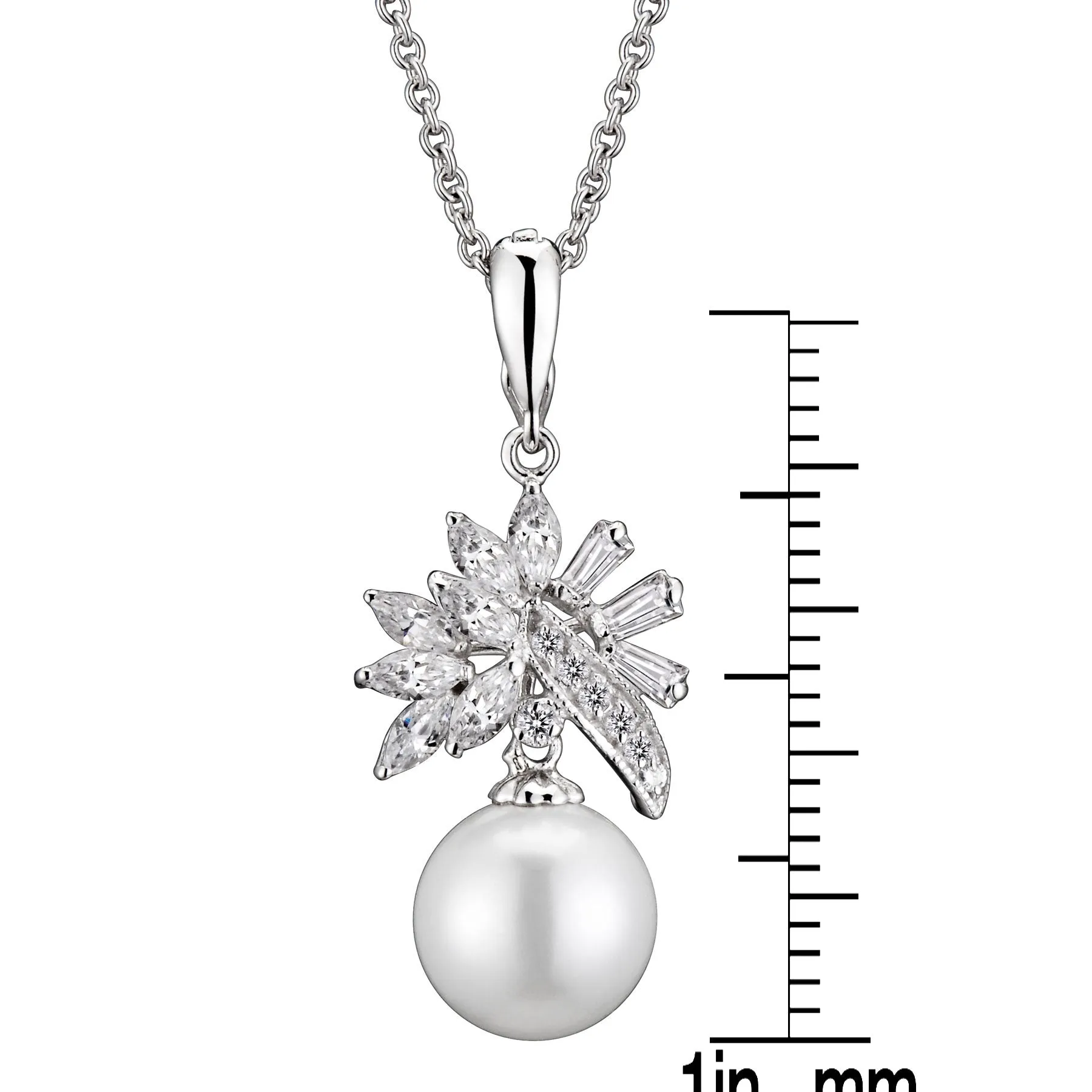 Sterling Silver Clear Cubic Zirconia White Pearl Drop Necklace