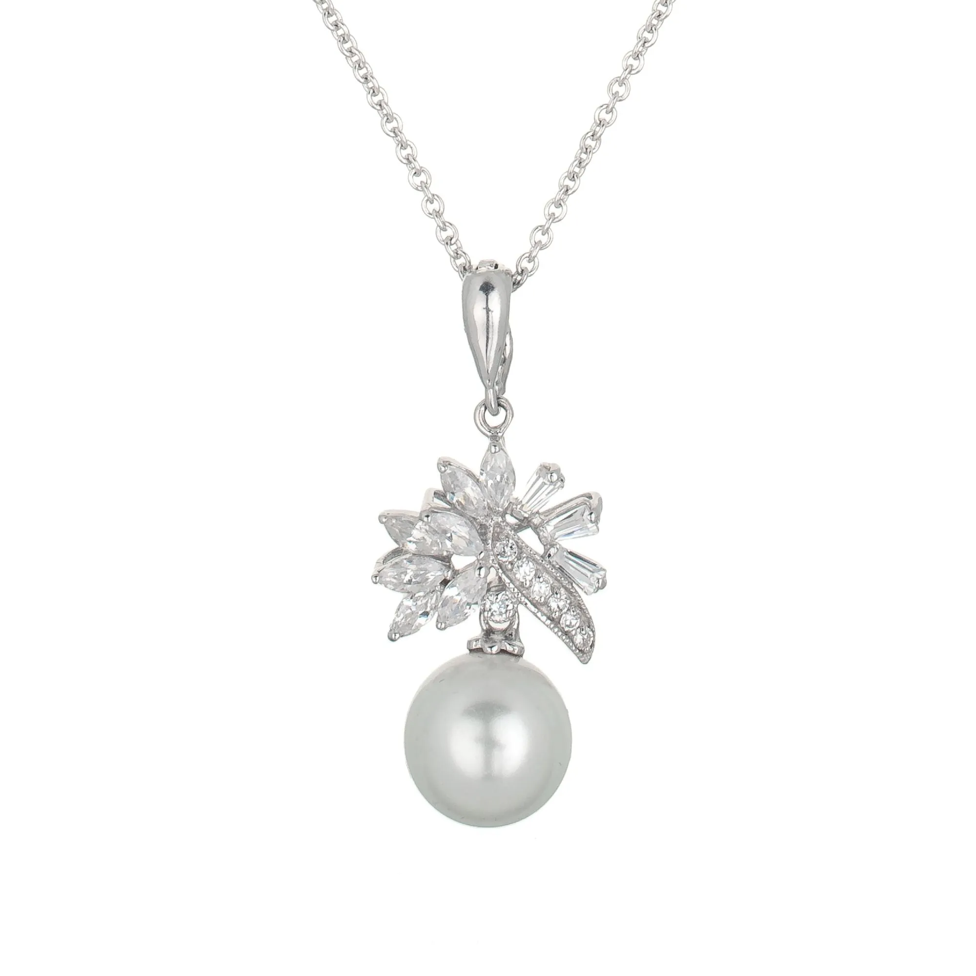 Sterling Silver Clear Cubic Zirconia White Pearl Drop Necklace