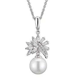 Sterling Silver Clear Cubic Zirconia White Pearl Drop Necklace
