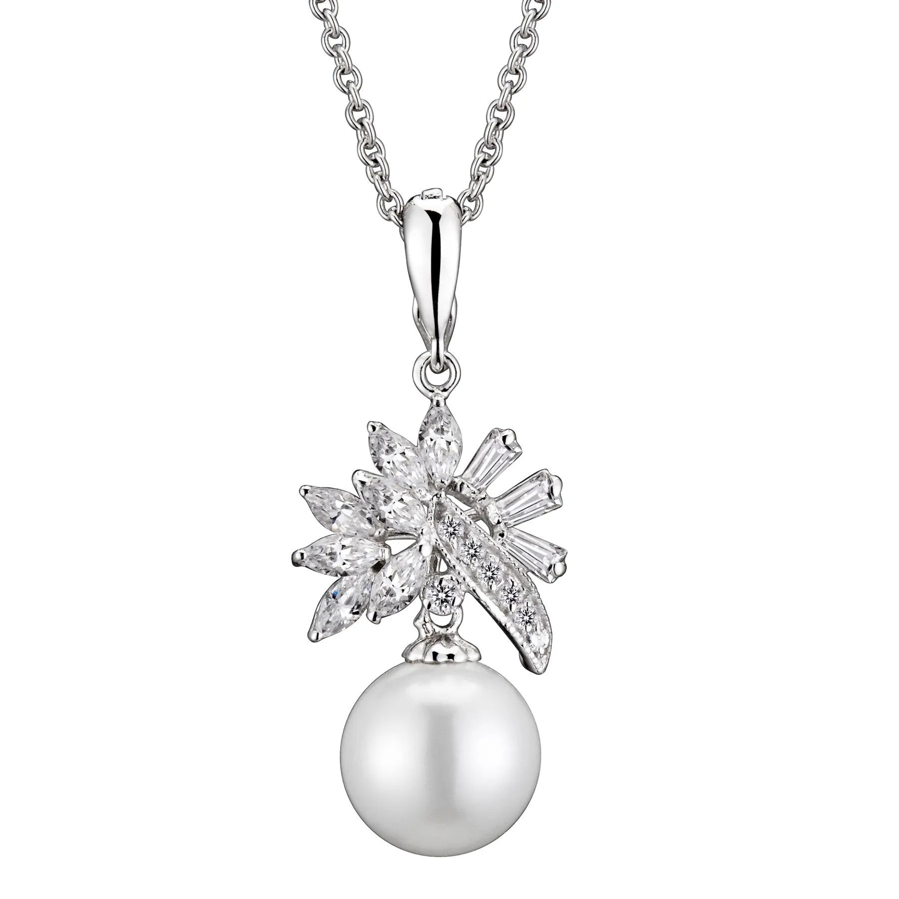 Sterling Silver Clear Cubic Zirconia White Pearl Drop Necklace