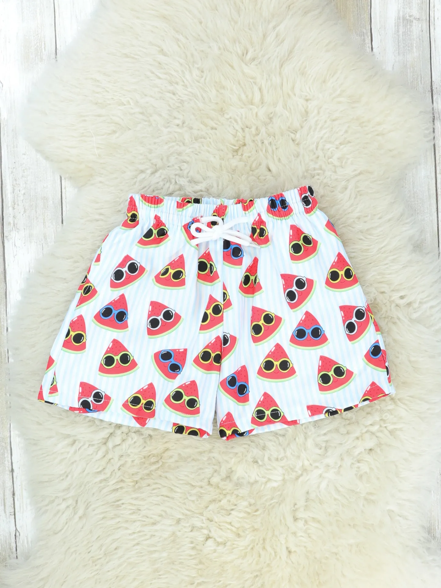 Sunny Watermelon Pinstriped Swim Trunks