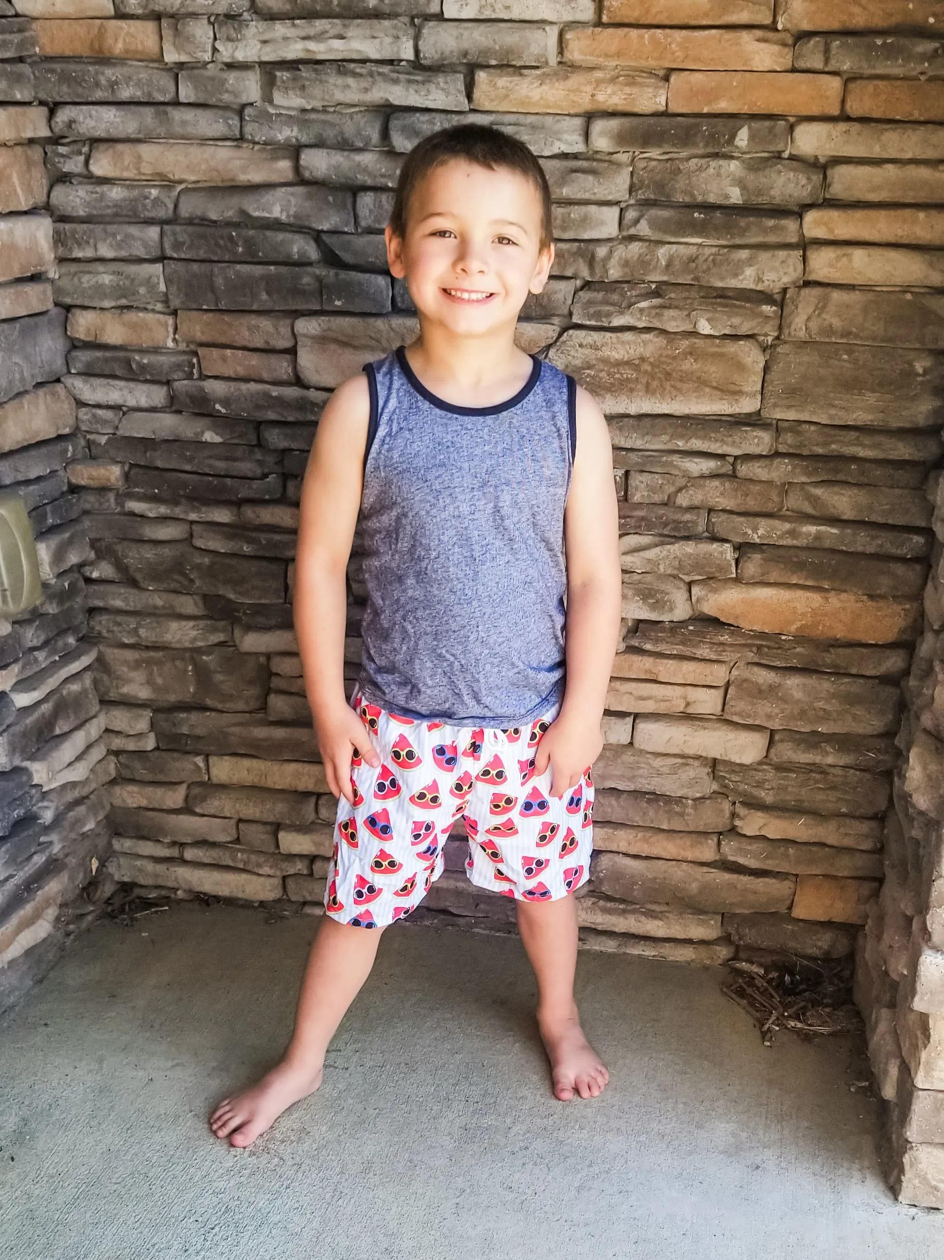 Sunny Watermelon Pinstriped Swim Trunks