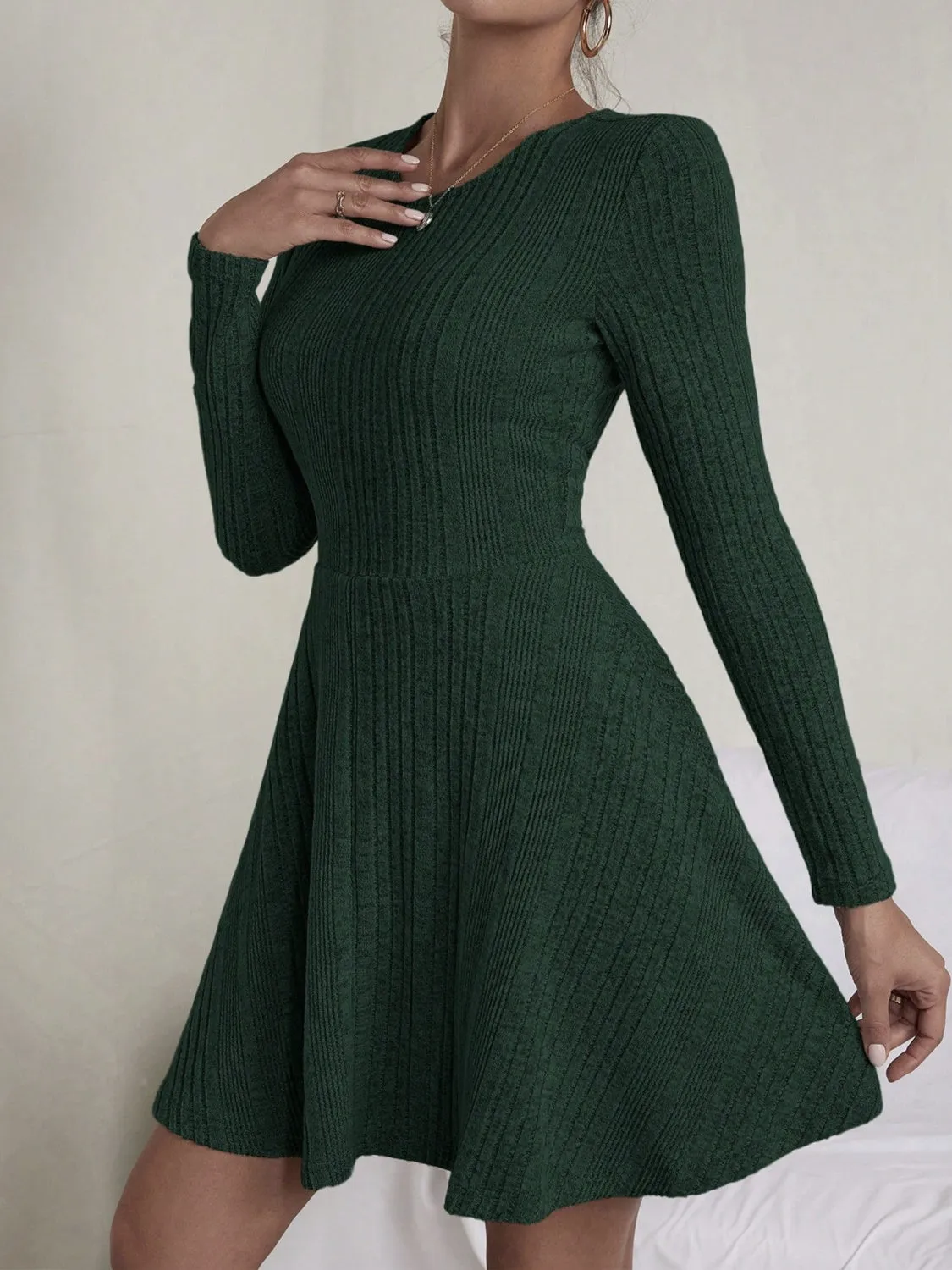 Textured Round Neck Long Sleeve Dress | Fall Fashion | Holiday Dress