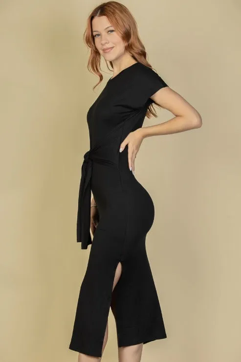 Tie Front Short Sleeve Side Slit Dress