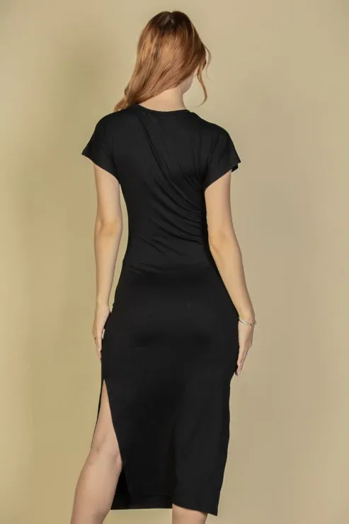 Tie Front Short Sleeve Side Slit Dress