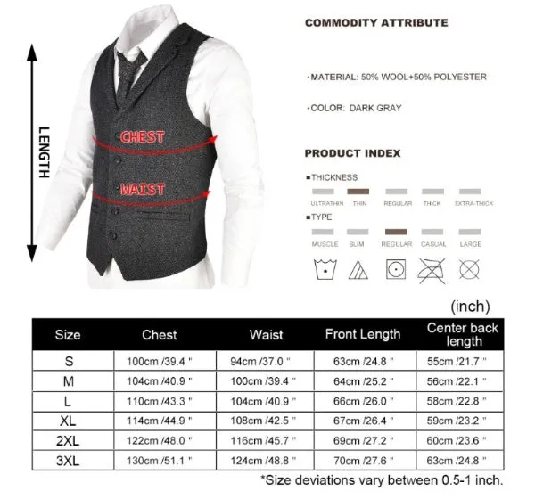 Waistcoat Herringbone Tweed Wool Blend Suit Vest Tailored Collar Dress Vests