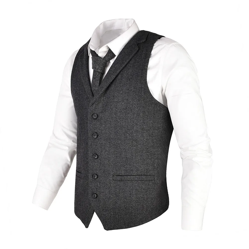 Waistcoat Herringbone Tweed Wool Blend Suit Vest Tailored Collar Dress Vests
