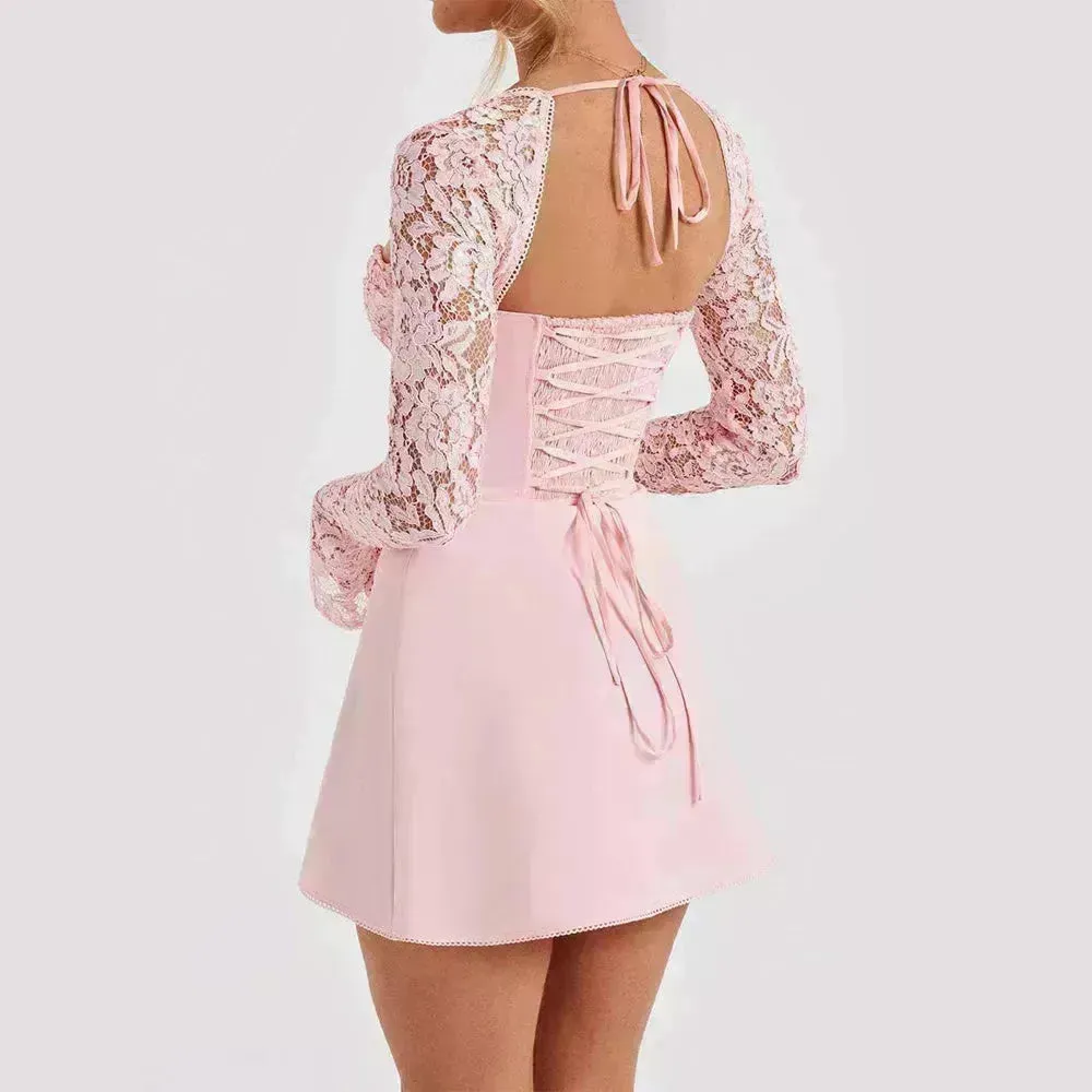 Women Fashion Corset Lace Long Sleeve Dress Charming Y2K Backless Lace up  Short  Mini Dress Low Back Mini Dress for Cocktail Evening Party Events.