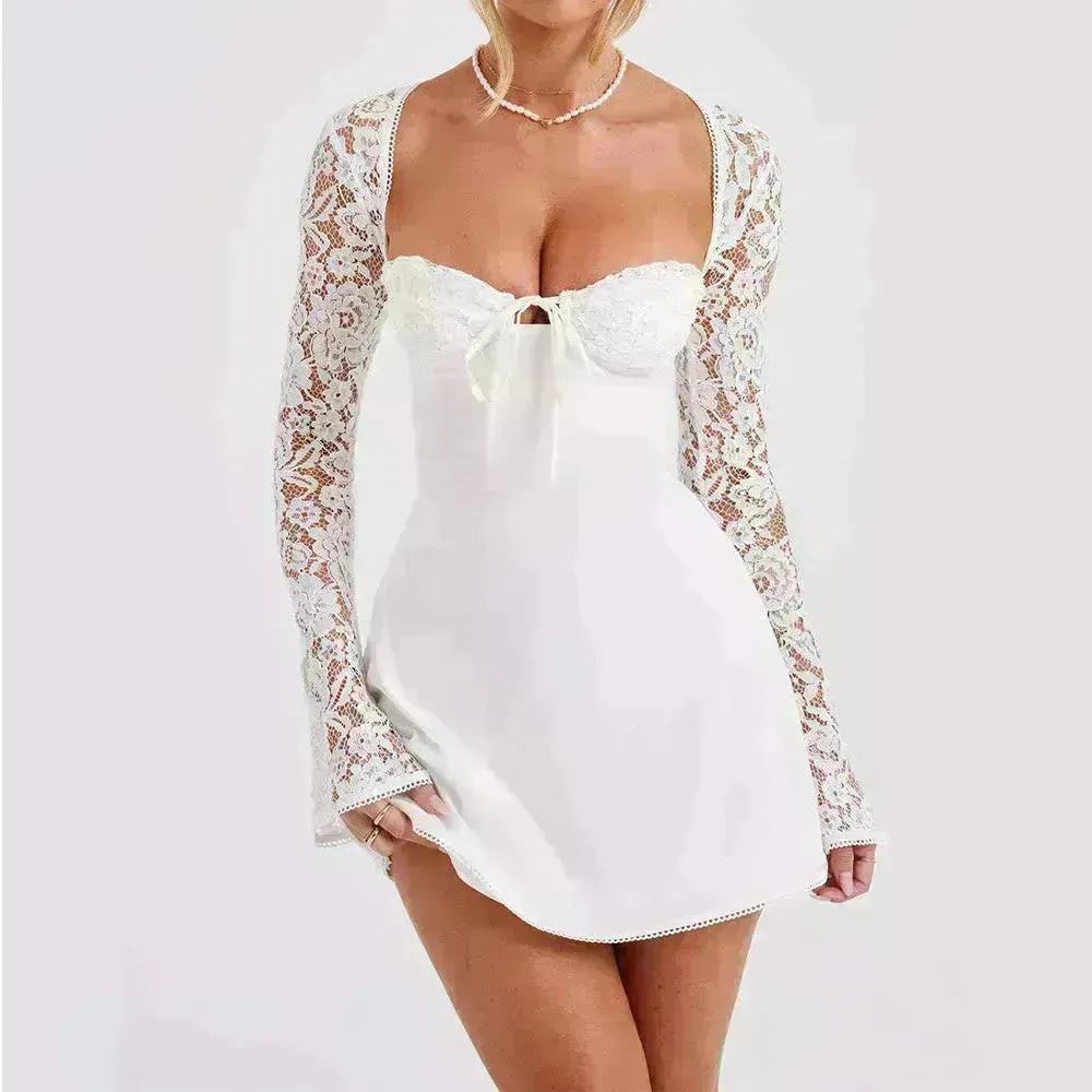 Women Fashion Corset Lace Long Sleeve Dress Charming Y2K Backless Lace up  Short  Mini Dress Low Back Mini Dress for Cocktail Evening Party Events.