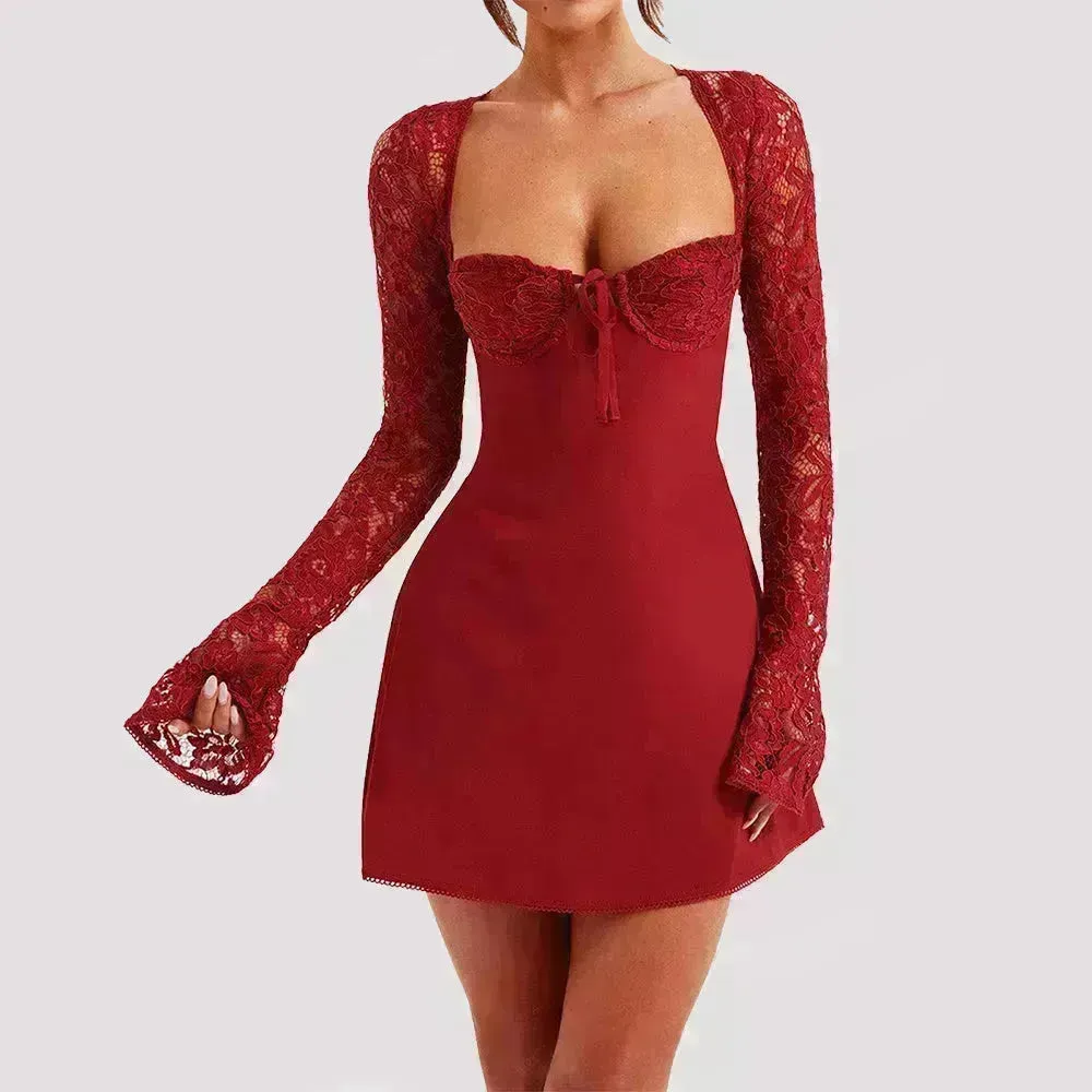 Women Fashion Corset Lace Long Sleeve Dress Charming Y2K Backless Lace up  Short  Mini Dress Low Back Mini Dress for Cocktail Evening Party Events.