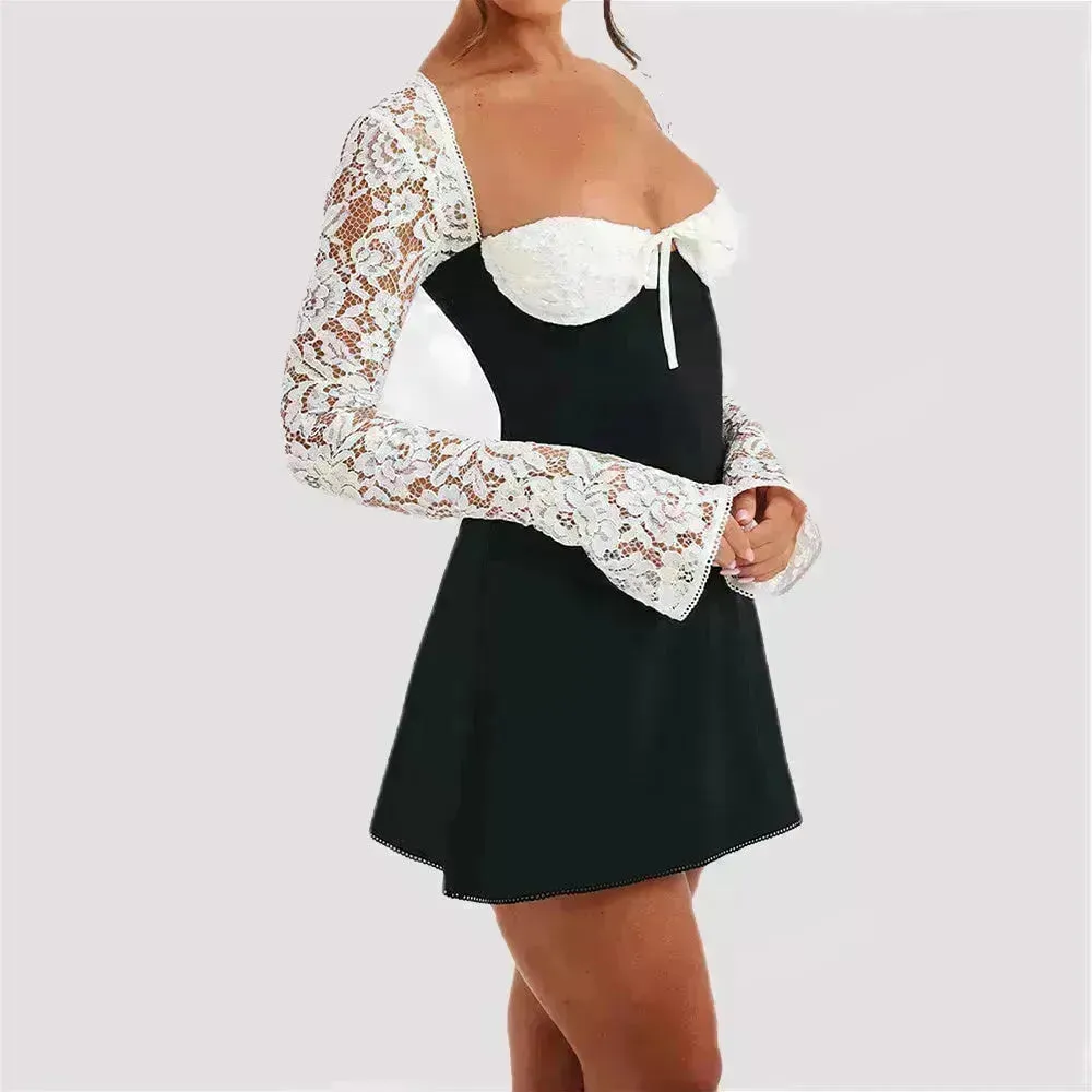 Women Fashion Corset Lace Long Sleeve Dress Charming Y2K Backless Lace up  Short  Mini Dress Low Back Mini Dress for Cocktail Evening Party Events.