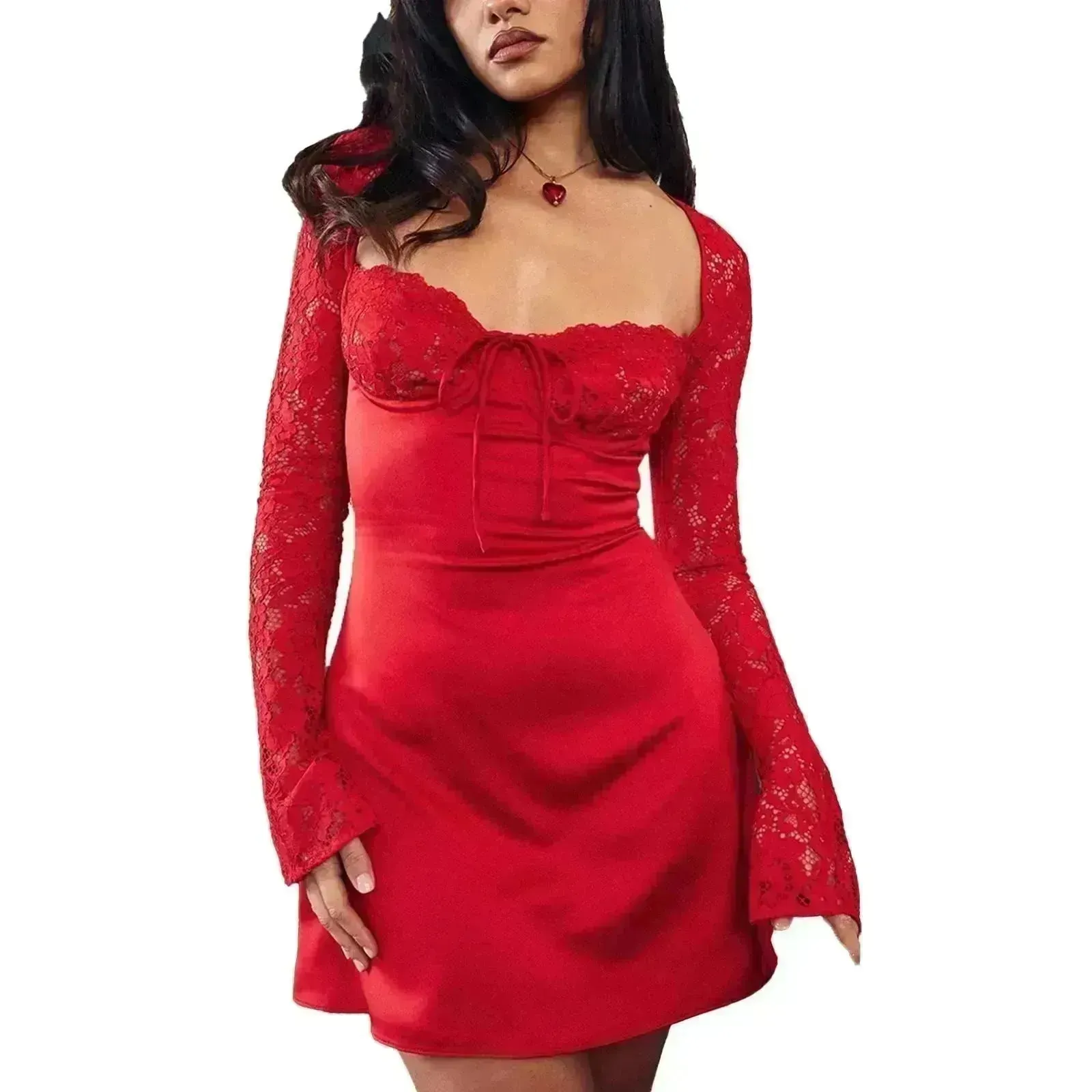 Women Fashion Corset Lace Long Sleeve Dress Charming Y2K Backless Lace up  Short  Mini Dress Low Back Mini Dress for Cocktail Evening Party Events.