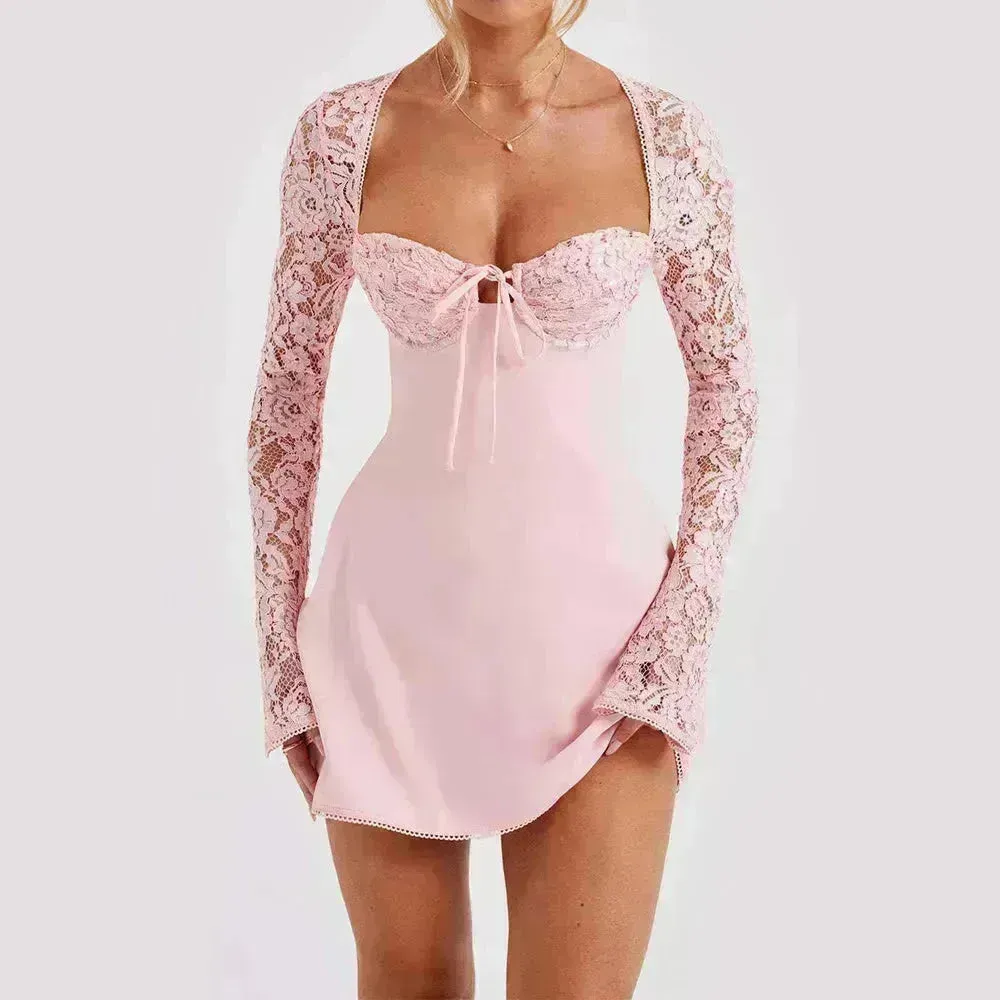 Women Fashion Corset Lace Long Sleeve Dress Charming Y2K Backless Lace up  Short  Mini Dress Low Back Mini Dress for Cocktail Evening Party Events.
