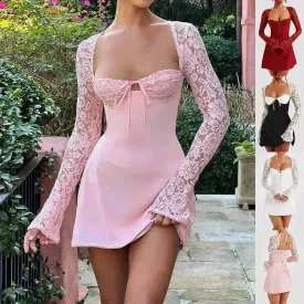 Women Fashion Corset Lace Long Sleeve Dress Charming Y2K Backless Lace up  Short  Mini Dress Low Back Mini Dress for Cocktail Evening Party Events.
