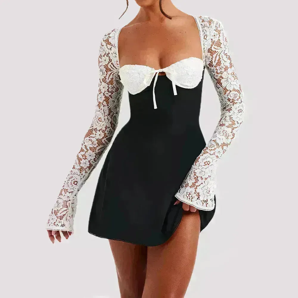 Women Fashion Corset Lace Long Sleeve Dress Charming Y2K Backless Lace up  Short  Mini Dress Low Back Mini Dress for Cocktail Evening Party Events.
